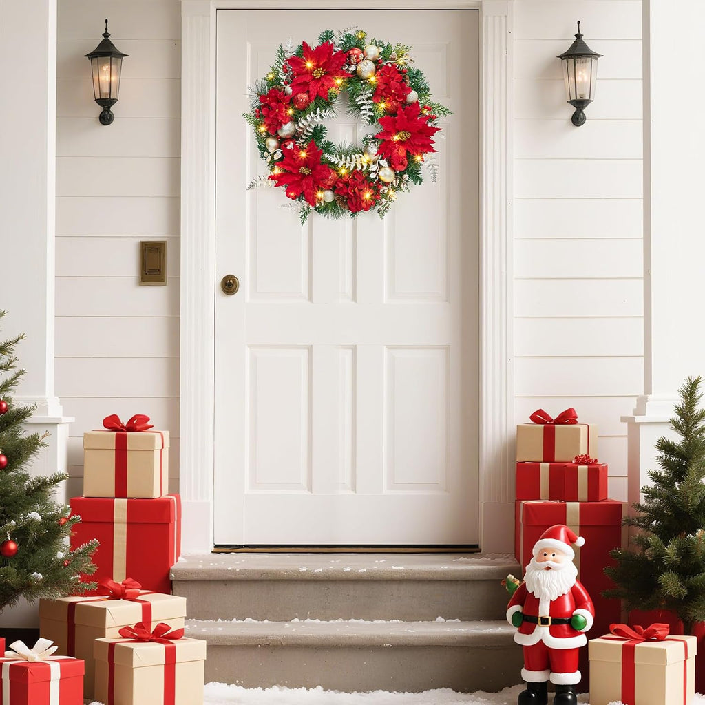 Pre-Lit Christmas Wreath for Front Door, 24 Inch Large Xmas Wreath for Holiday Decor, Battery Operated Xmas Lighted