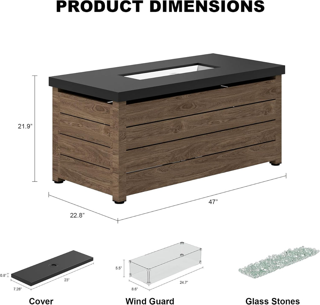 Outdoor Propane Fire Pit Table, 60,000 BTU Rectangular Gas Fire Pit | with Lid, Glass Bead and Top Cover, 3 in 1 Fire