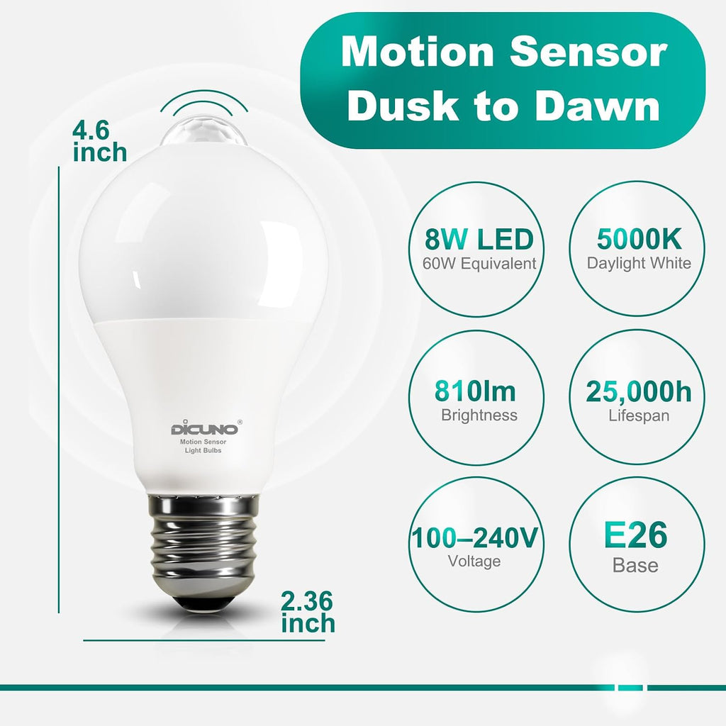 PIR Motion Sensor Light Bulbs, 8W, 5000K Daylight White, 2-Pack