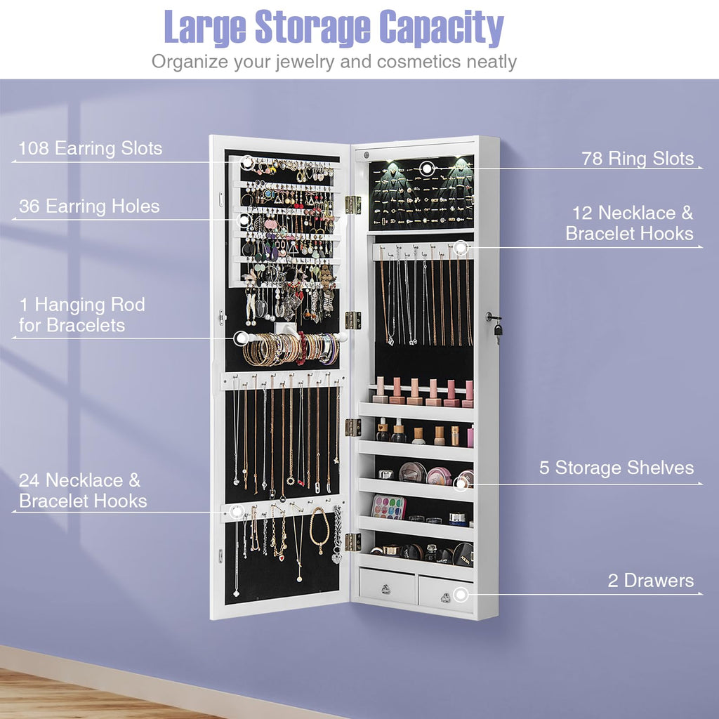 Mirror Jewelry Cabinet, Wall Door Mounted Jewelry Armoire with Full Length Mirror, Internal LED Lights & Drawers