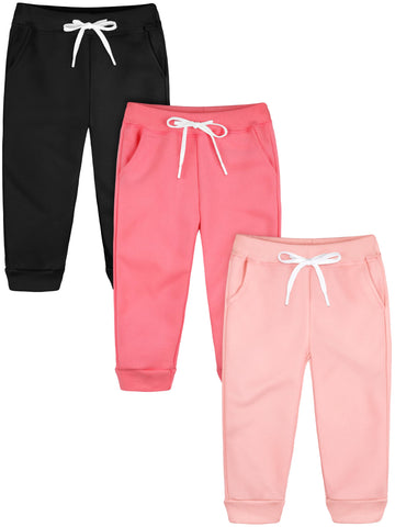 3 Pack Toddler Girls' Fleece Pants Baby Casual Pull On Active Sweatpants Warm Joggers with Pockets Drawstring