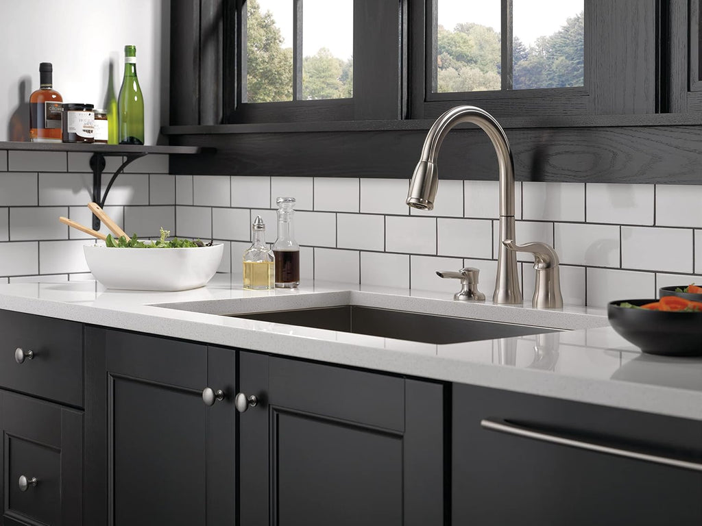 Kate Brushed Nickel Kitchen Faucet with Pull Down Sprayer and Soap Disperser, Modern Two Hole Kitchen Sink Faucet