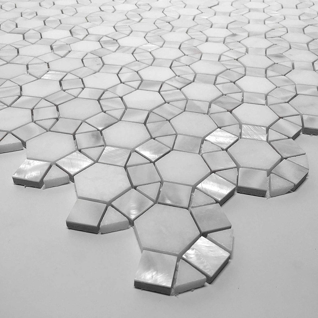 Thassos Hexagon Marble with Circulos Mother of Pearl Mosaic Tile Box of 5 Sheets Backsplash Bathroom Shower Accent
