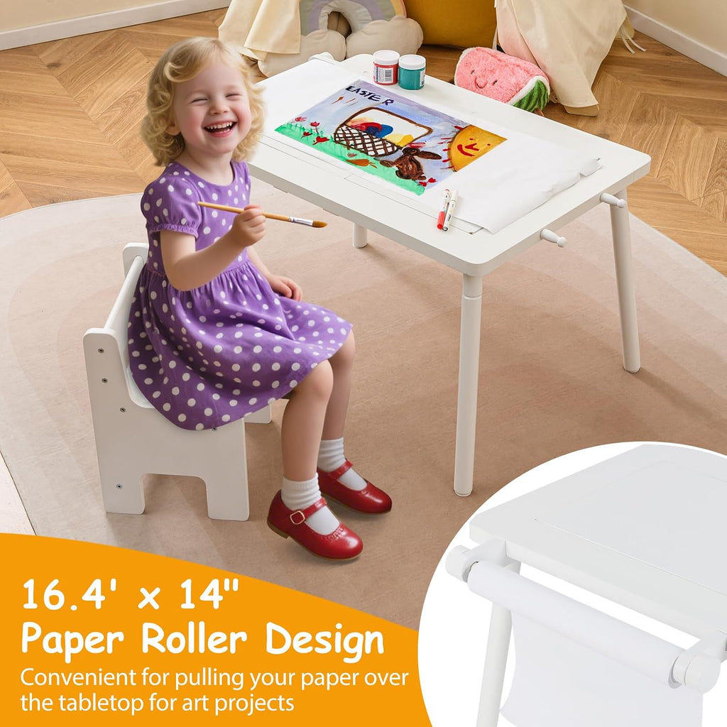 Sensory Table and Chair Set, Wooden Sand & Water Activity Set w/Paper Roll, Blackboard & Whiteboard, Building Block