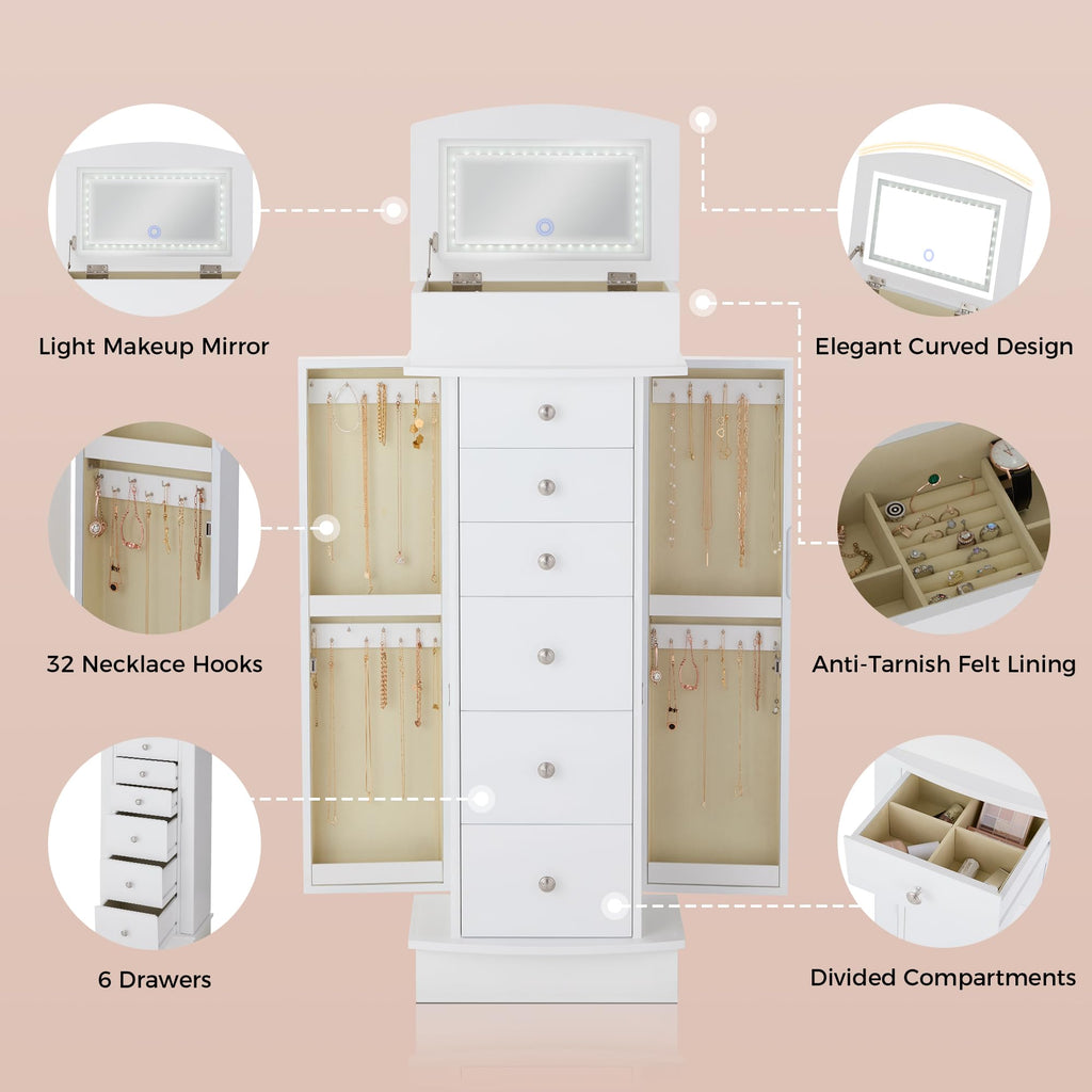 Jewelry Cabinet with LED Mirror and 6 Drawers, White