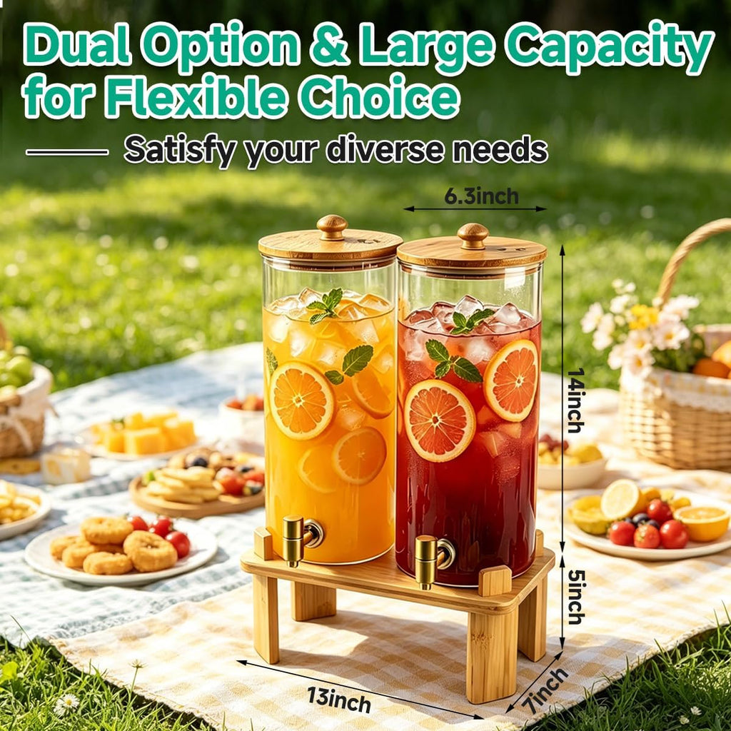 Gallon (4 gallon) Beverage Dispenser With Bamboo Wood Stand,Large Glass Drink Dispenser for Parties,Large - Set of 2