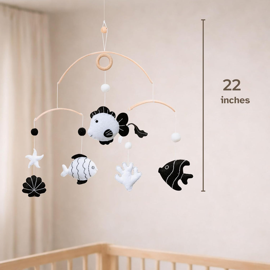 High-Contrast Black & White Decor for Newborn Baby Nursery Room - Fish Crib Mobile, for Boy & Girl, Safe Natural Wood