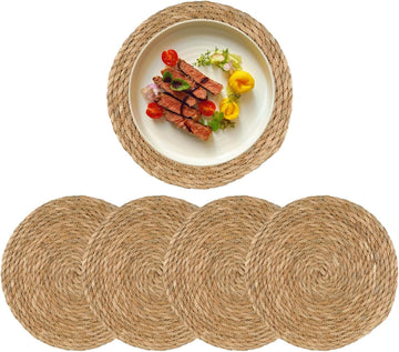 Round Woven Placemats, 12" Boho Rattan Placemats Natural Hand-Woven Place Mats Table Decor, Chargers - Set of 4