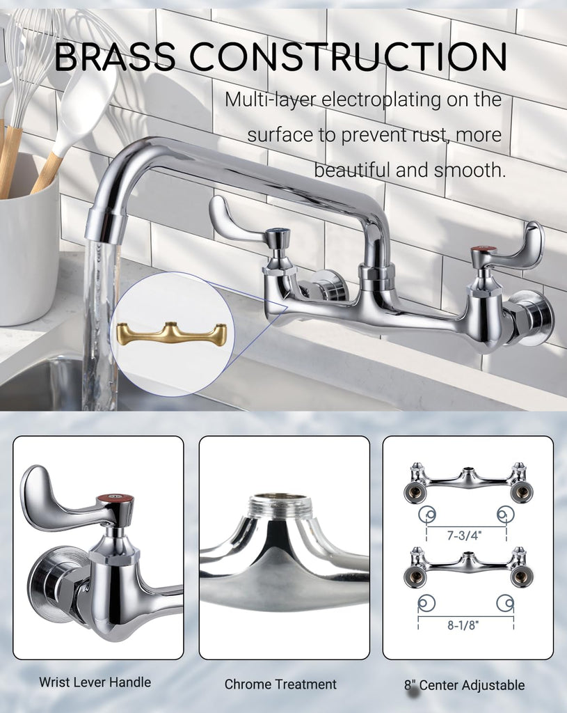 8" Center Wall Mount Commercial Sink Faucet with 10" Swivel Spout