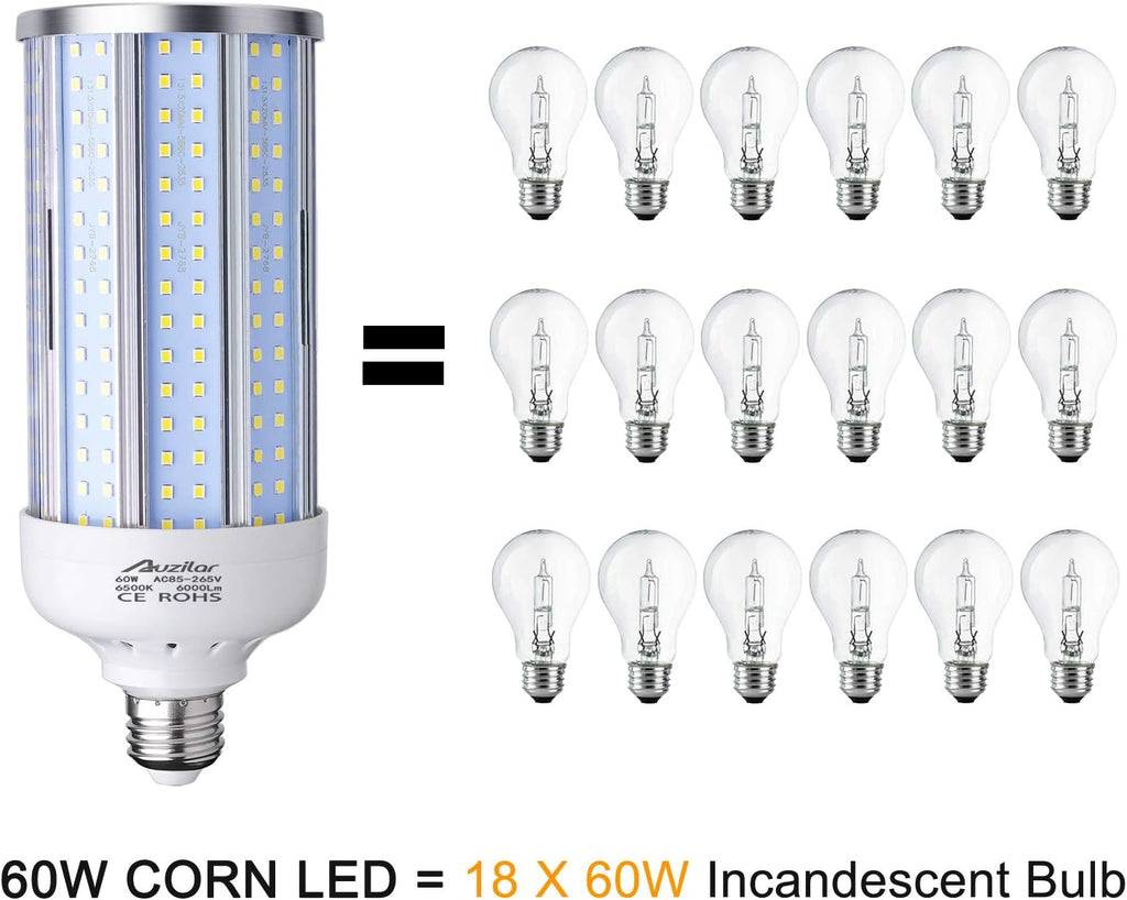60W LED Corn Light Bulb for Indoor Large Area, E26 6000Lm 6500K Cool White,Super Bright Daylight LED Corn Bulb