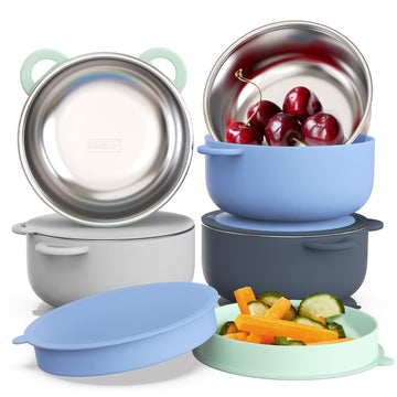 Baby Suction Bowls with Lids 4-Pack, 2-in-1 Stainless Steel 304 Toddler Bowl & Removable Silicone Suction Kids Bowl