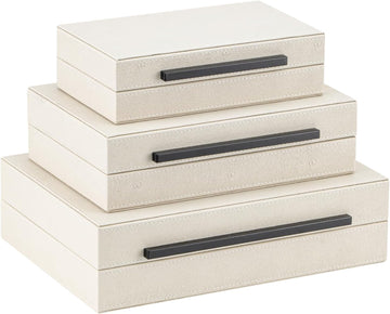Beige Shagreen Decorative Storage Boxes with Black Metal Handles -Faux Leather Large Modern Stackable - Set of 3