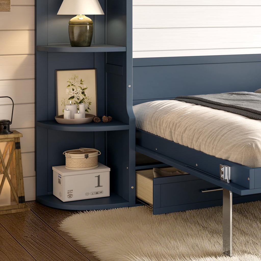 Queen Size Horizontal Murphy Bed with Shelves & 3 Drawers, Blue