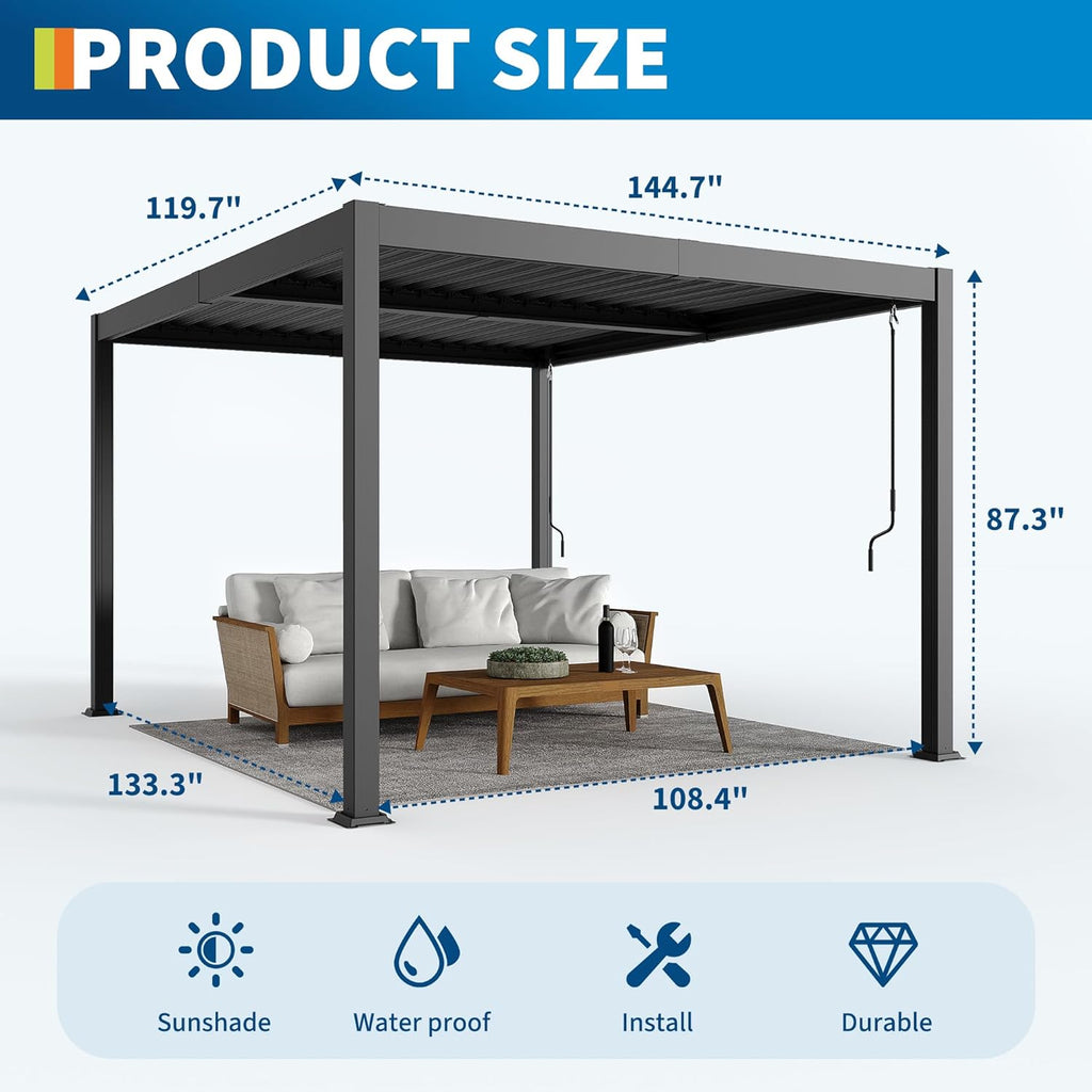 10X12 FT Pergola with Independent Adjustable Rainproof Roof