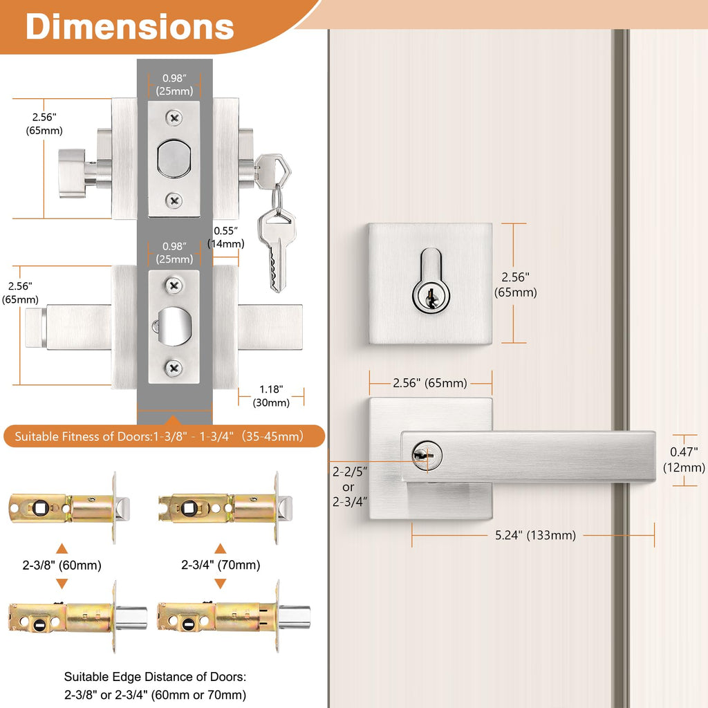 Square Entrance Lever with Single Cylinder Deadbolt Set Keyed Alike Combo Pack( and Front Door), Heavy Duty Satin