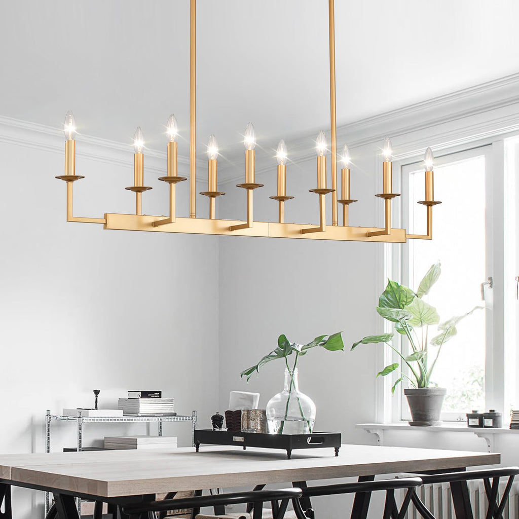 Rustic Gold Linear Chandelier,Extra Long Candle Chandelier,Gold Light Fixture Living Room Kitchen Island
