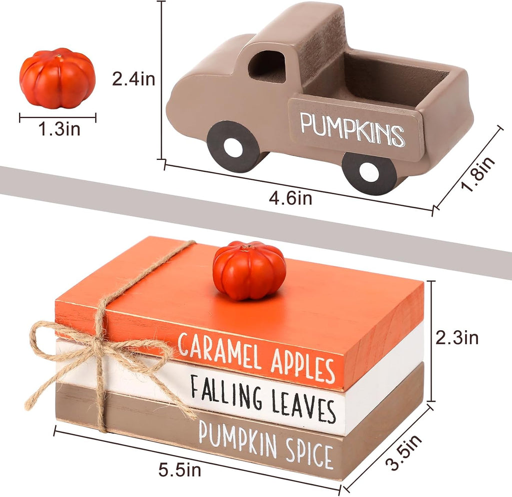Fall Table Decor Tiered Tray Decor, Wooden Fall Signs with Book Stack - Set of 4