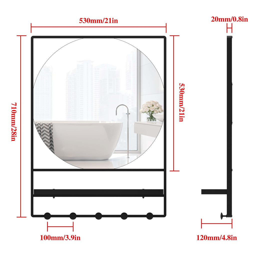 Wall Mirror with Shelf and Hooks, 21" X 28" Metal Framed Bathroom Mirror with Shelf, Decorative Mirror (Black, 21 x