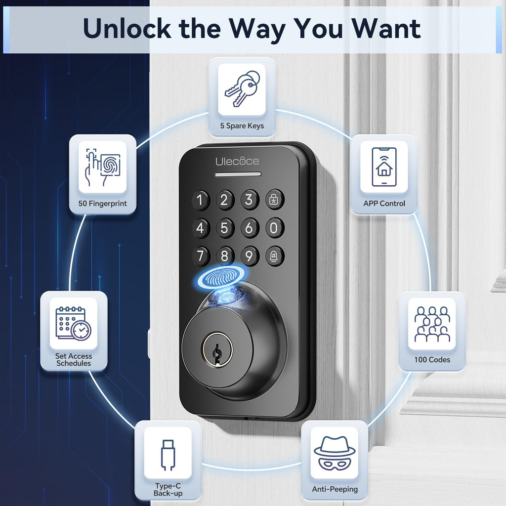 U68 Fingerprint Keypad Deadbolt with Knob Set, Matte Black