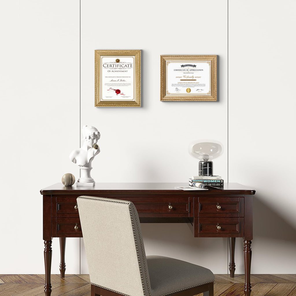 8.5 x 11 Picture Frames Set of 2, Vintage Gold 8.5 x 11 Diploma Certificate Frame for Tabletop or Wall Display