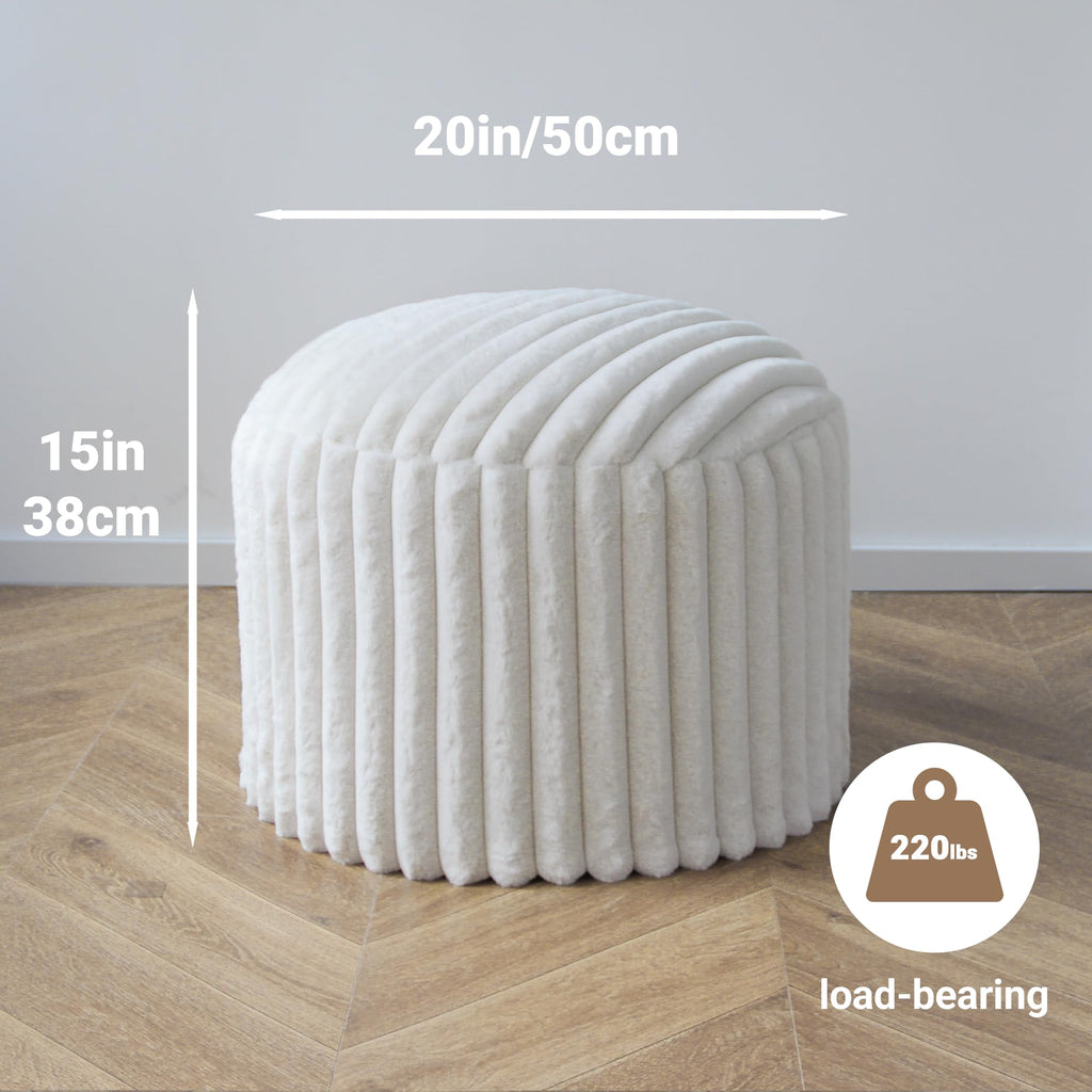 Round Stuffed Pouf Ottoman, Stripe Faux Fur Footrest, Solid Block Support+Soft Cushion Comfort, Removable Washable