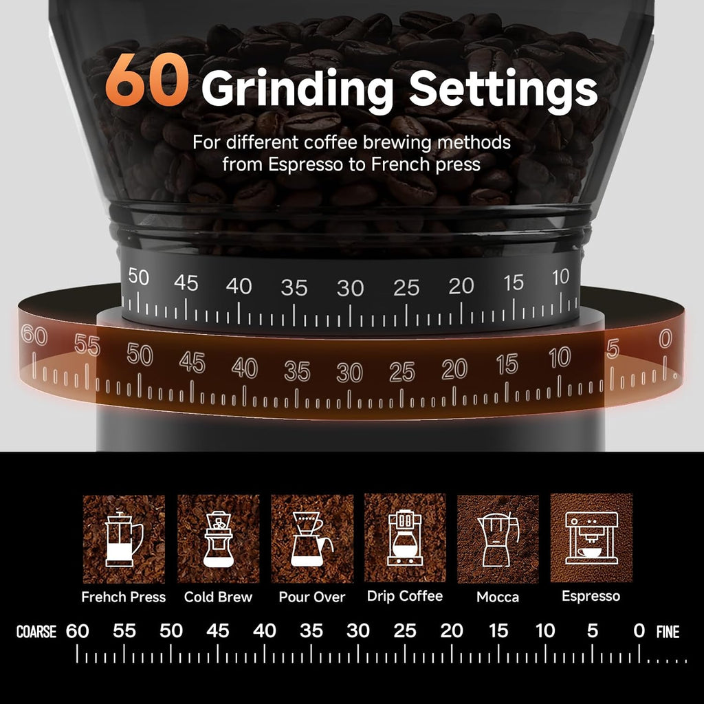 Cordless Burr Coffee Grinder, Rechargeable with 60 Grind Settings & Anti-Static, Digital Timer Touchscreen, Portable
