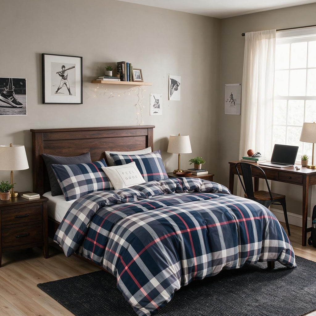 Blue Plaid Comforter Set 3Pcs Buffalo Tartan Bedding Sets