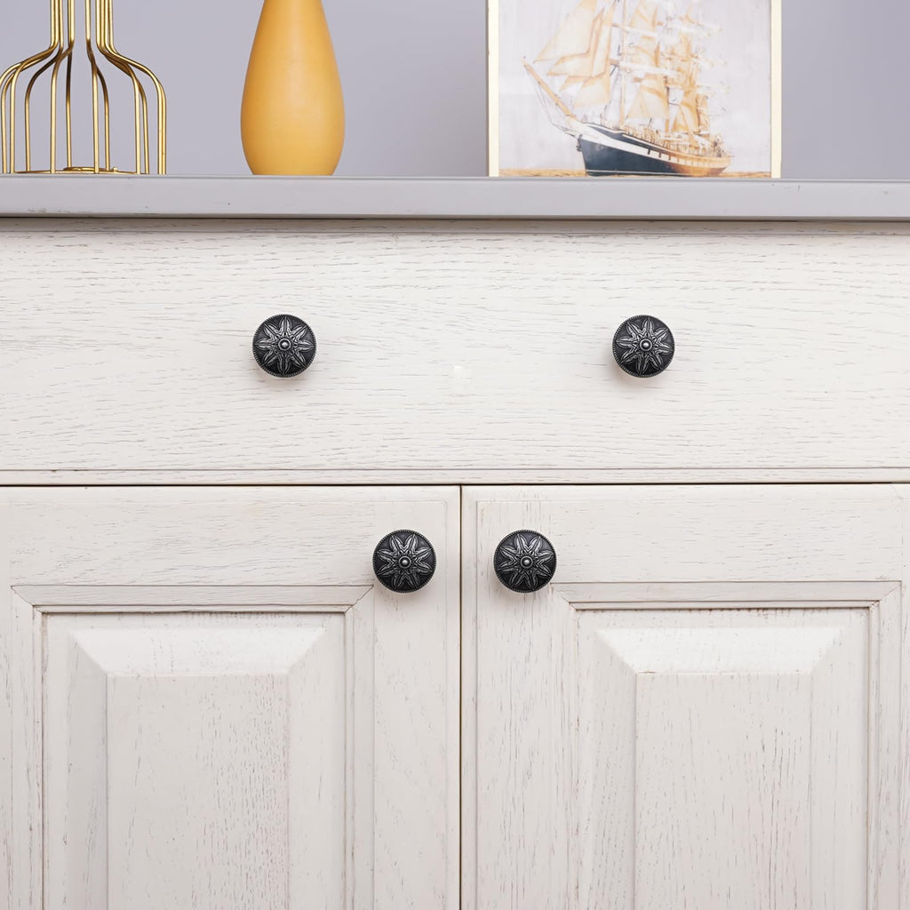 4 Pack Antique Silver Cabinet Knobs Vintage,1.4" Round Vintage Silver Kitchen Cabinet Handles for Cabinets and