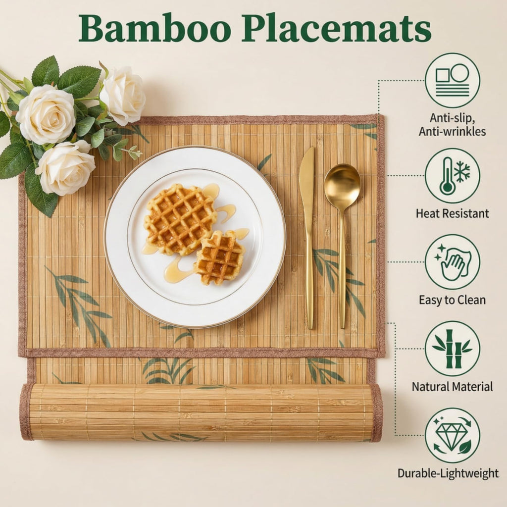 8 Pack Bamboo Placemats, 18 x 12 Inch Anti-Slip Table Mats, Heat Resistant Place Mats, Japanese Style Washable