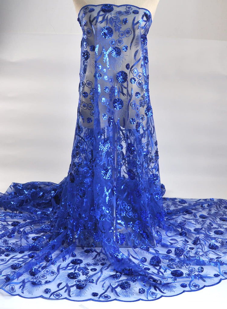 Fabric 5 Yards Sequins Embroidery for Party Dress (Blue)