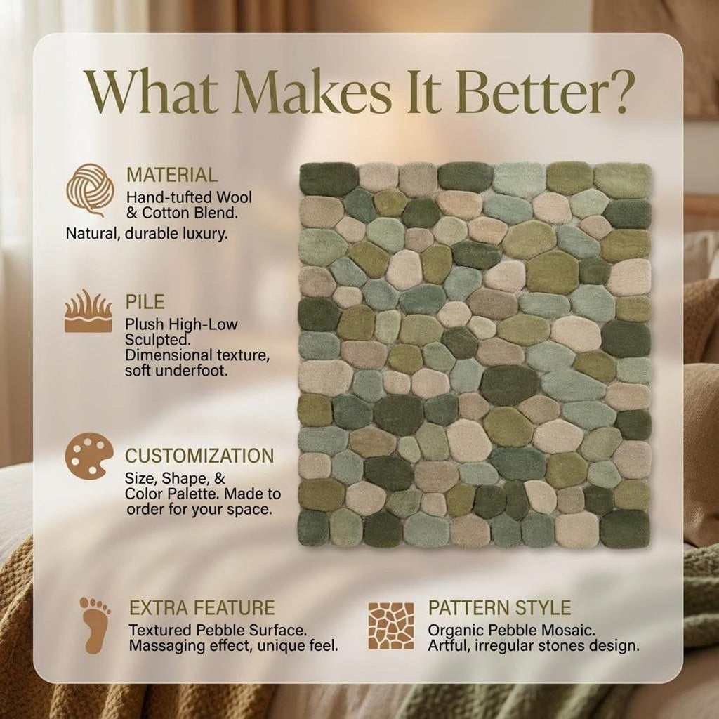 Hand Tufted Wool Area Rug Green Pebble Design Minimalist Style Soft Warm Non Slip Backing Functional & Decorative