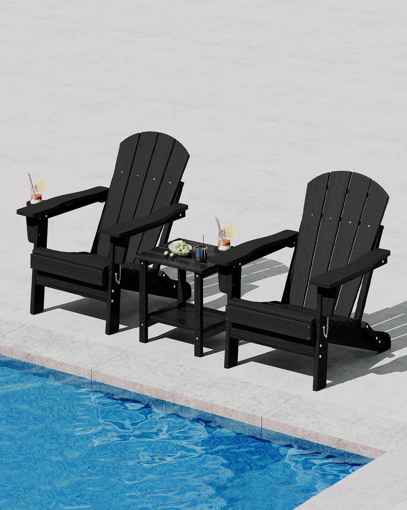 HDPE Folding Adirondack Chair Set of 2 with Side Table, Black | All-Weather Resistant & Wood Textured & Cup Holder