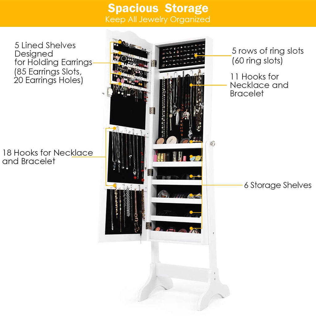 Standing Jewelry Cabinet Armoire with Full Length Mirror, Lockable