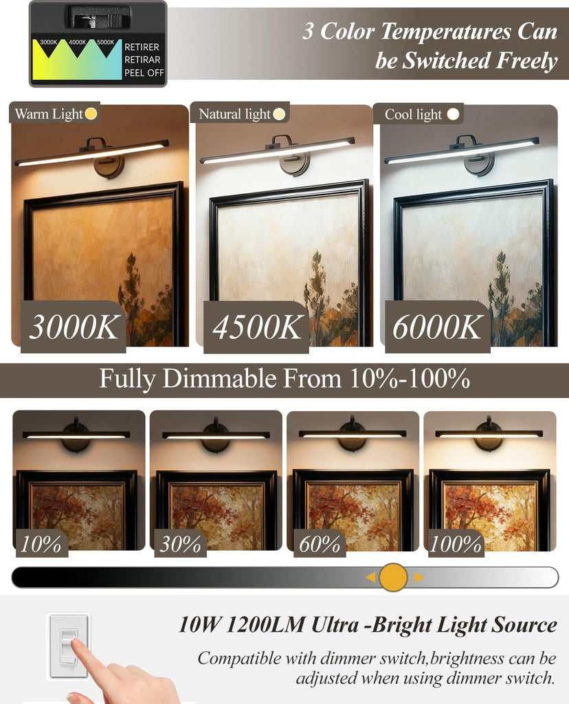 Hardwired Picture Light for Wall,32 Inch Modern Black Dimmable Frame Light with Adjustable Swing Arm,3CCT LED Art