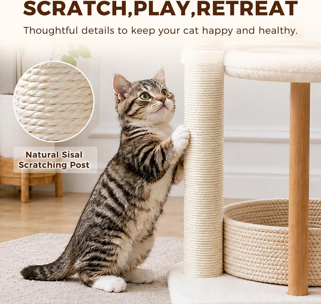 Modern Cat Tree Removable Woven Bed, Wood Cat Tower for Indoor Cat