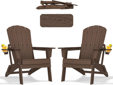 Folding Adirondack Chairs Set of 2, HDPE Cup Holders, Coffee | Patent pinless folding design, 380lbs, Extended