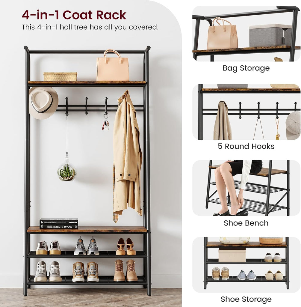 Entryway Hall Tree with 5 Hooks, Shoe Bench & Storage Shelf, Coat Rack Organizer with Wood Accents and Metal Frame