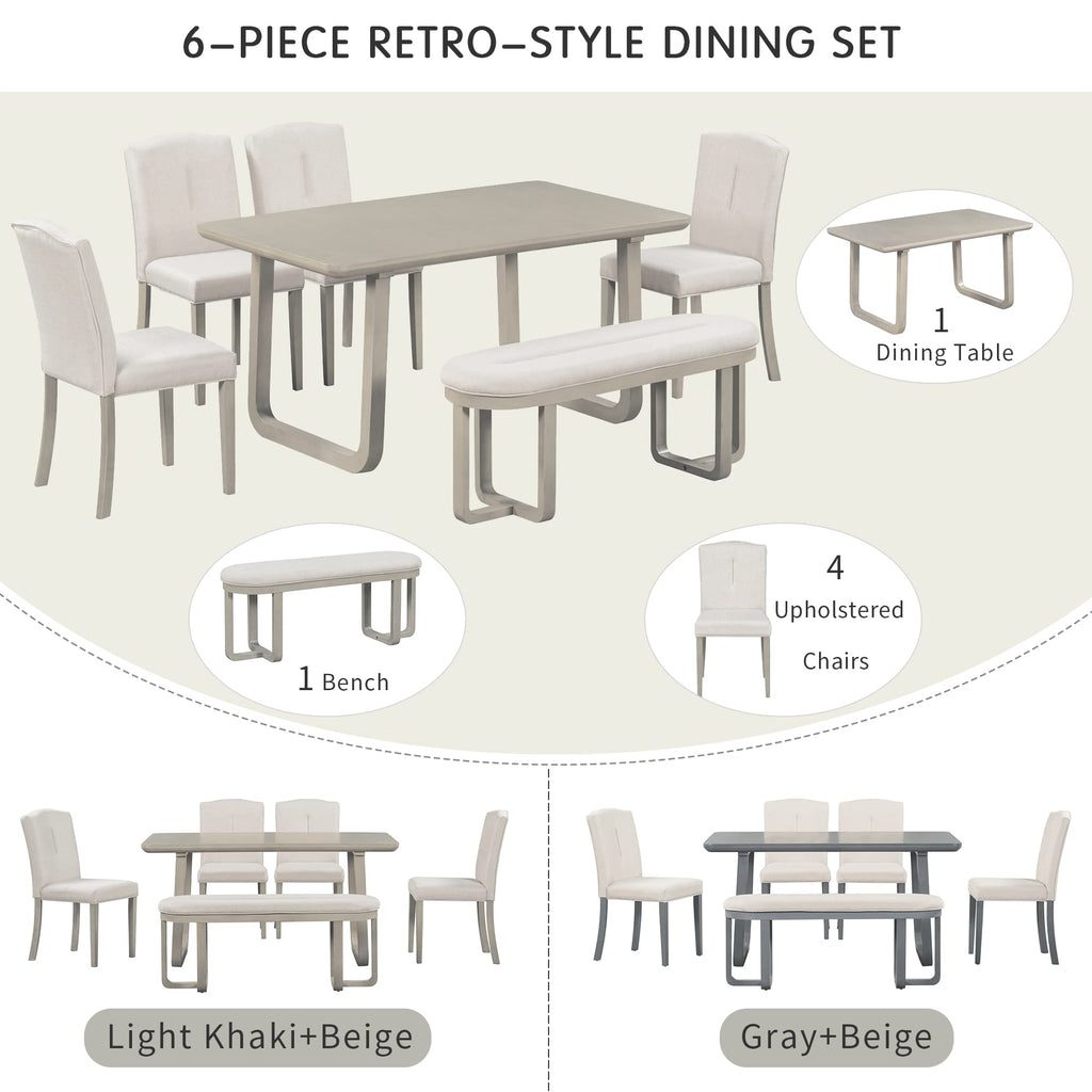 Vintage 6 Piece Dining Table Set with 4 Upholstered Chairs and 1 Double Upholstered Bench w/Foam Covered Back & Seat
