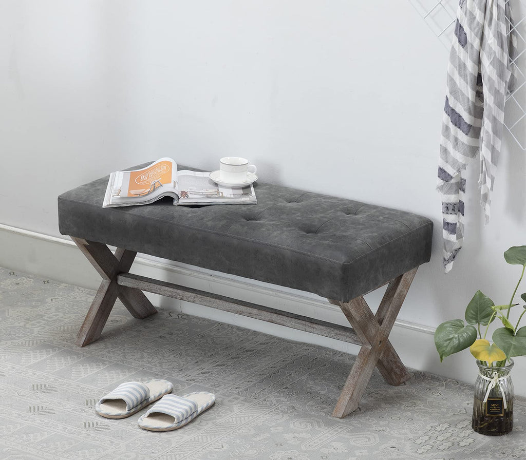 36" PU Leather Farmhouse Entryway Bench End of Bed Bench, Gray