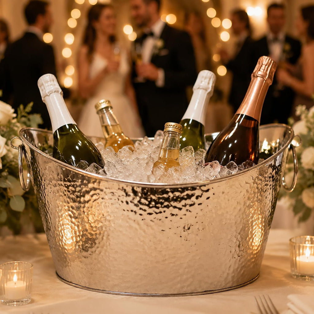 3 Gallon/12L Stainless Steel Beverage Tub, Large Galvanized Ice Bucket with Handles, Hammered Metal Drink Bucket
