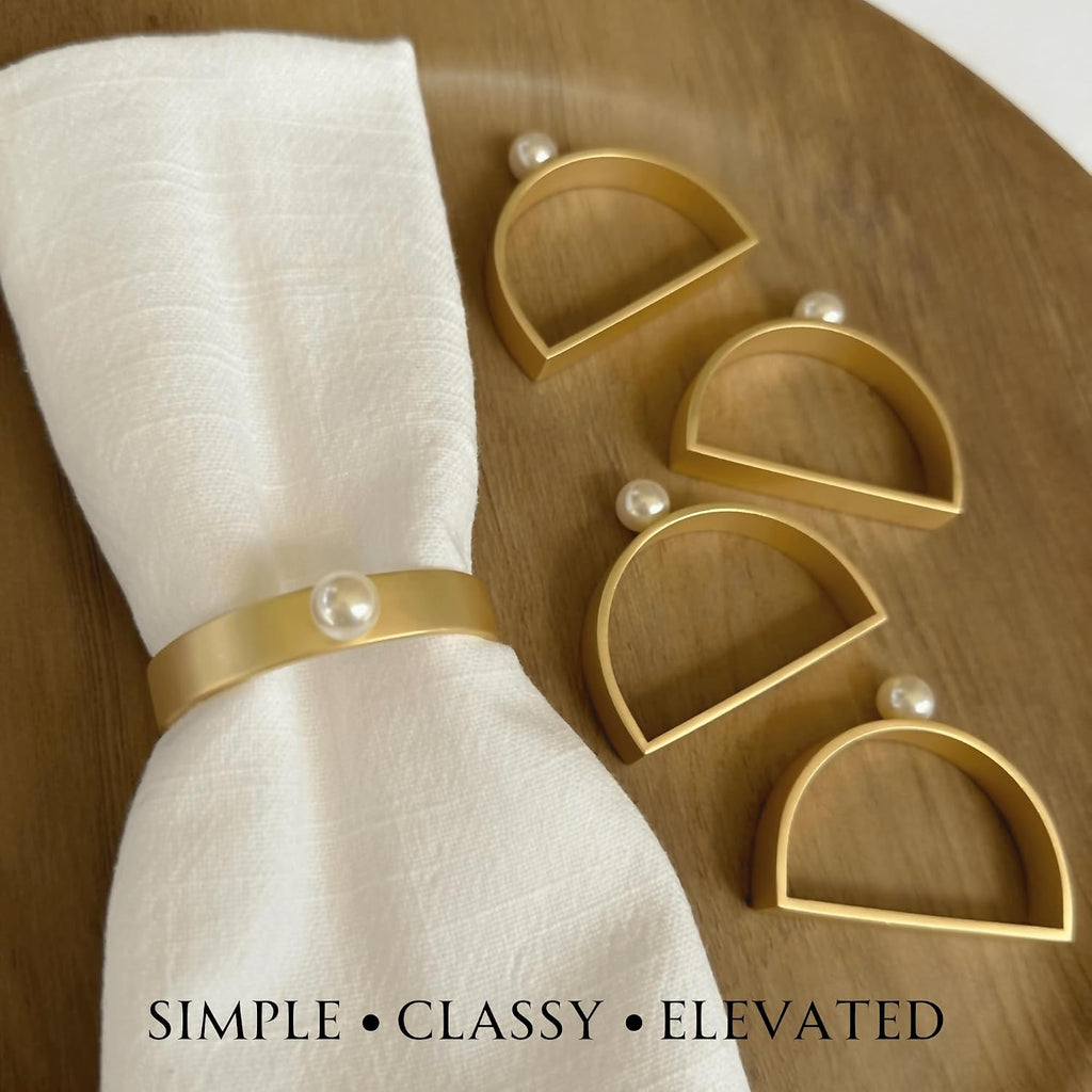 Gold Napkin Rings - Semicircle Napkin Ring Holder in Matte Gold- Pearl Napkin Rings for all Occasions Made - Set of 8