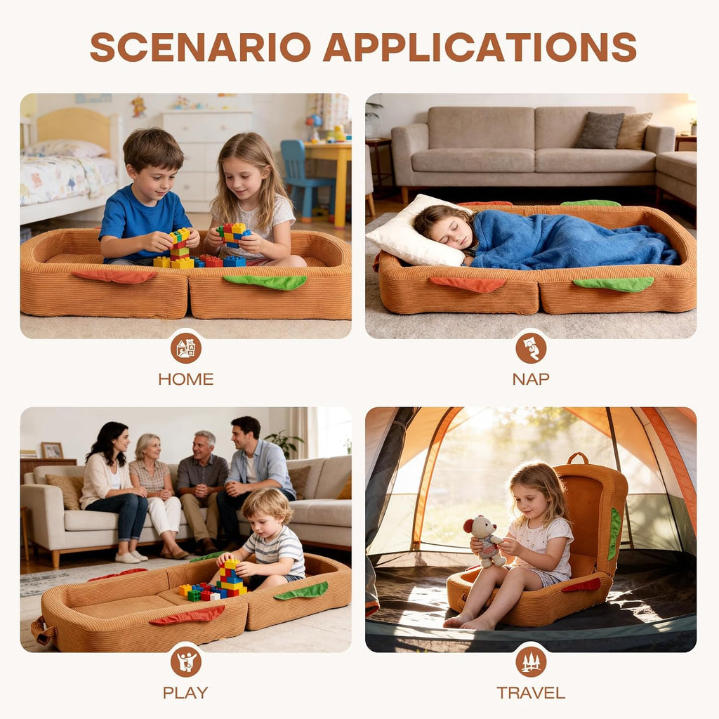 Toddler Travel Bed Sandwich Style - Portable Toddlers Floor Beds, Foldable Soft Foam Travel Crib for Baby and Kid