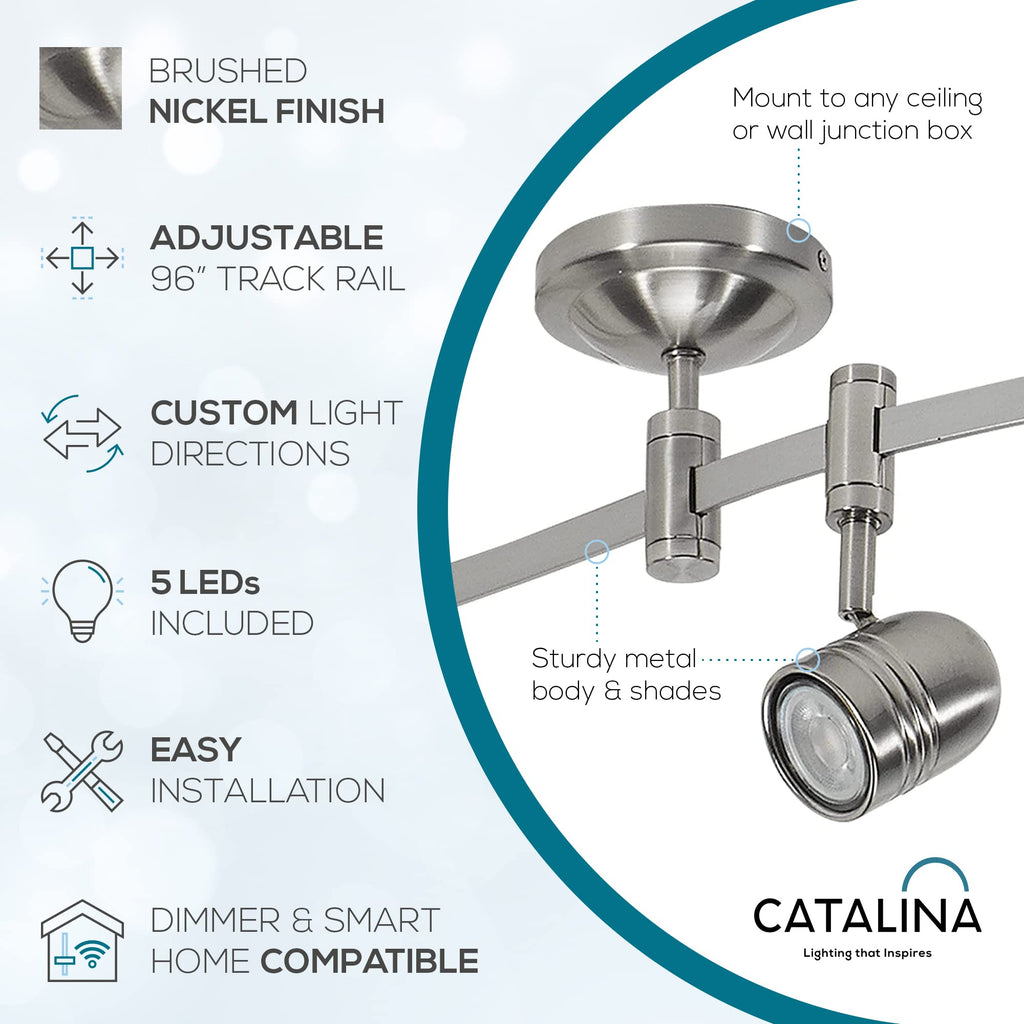 002 Transitional 5-Light Flexible Track Lighting Kit with Metal Shades, LED Bulbs Included, 96", Brushed Nickel