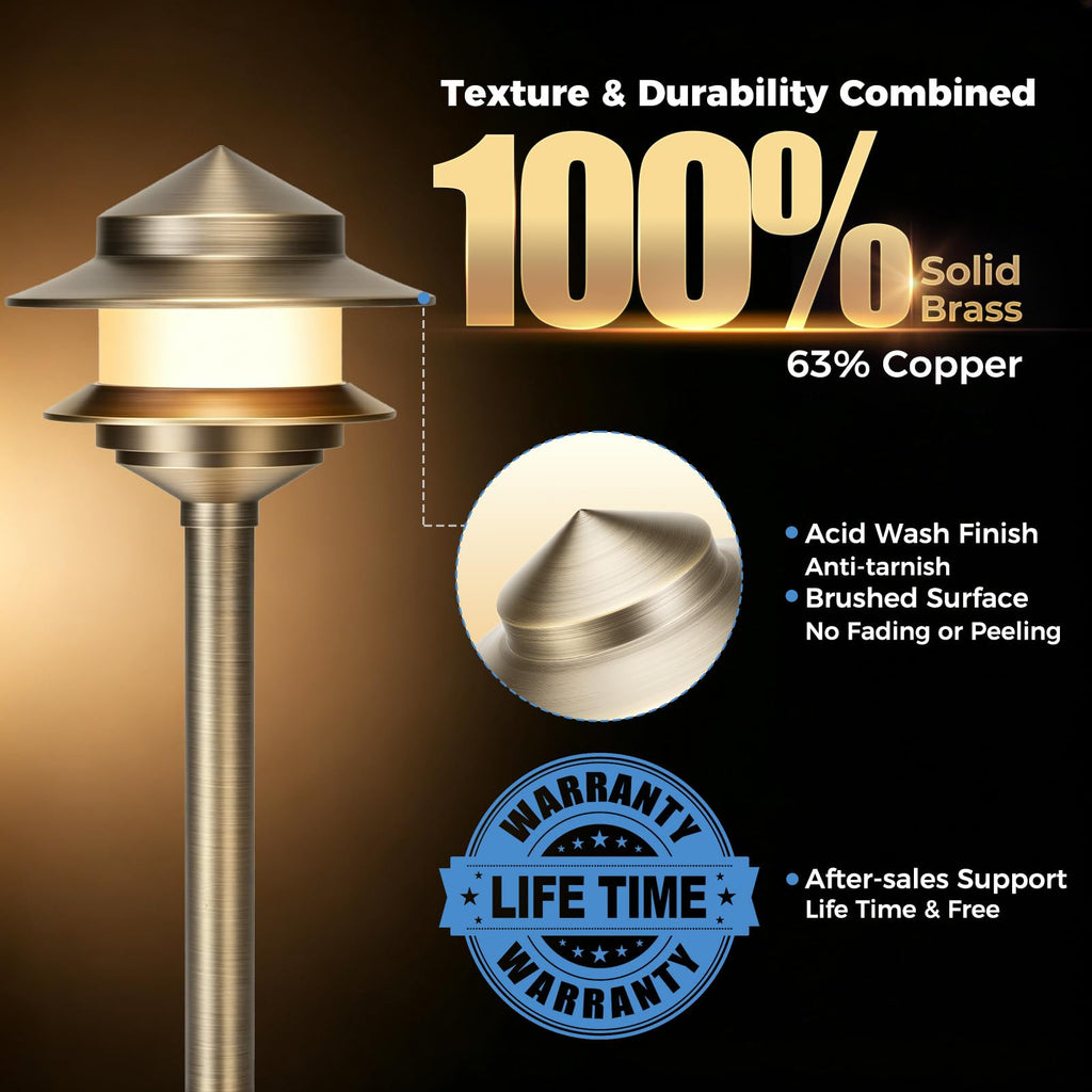 Pagoda Solid Brass Low Voltage Landscape Pathway Lights, 12V LED Heavy Duty Path Lighting Outdoor Wired, Waterproof