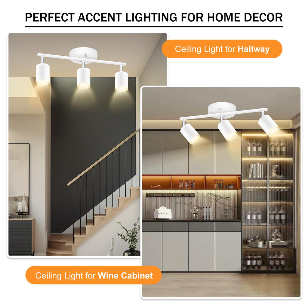 White Track Lighting, 3 Light Track Lighting Kit, White 3 Way Modern Ceiling Spotlight, Flexibly Rotatable Light