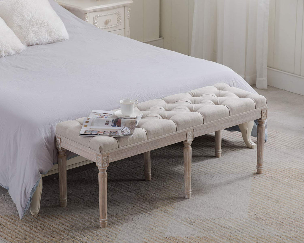 45.3" Upholstered Dining Room Bench, Rustic Living Room Ottoman Bench with Carved Pattern & Rustic White Brushed