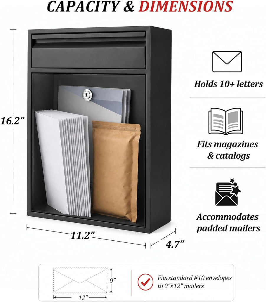 Locking Wall Mount Mailbox with Integrated Bend Handle & Bottom View Window