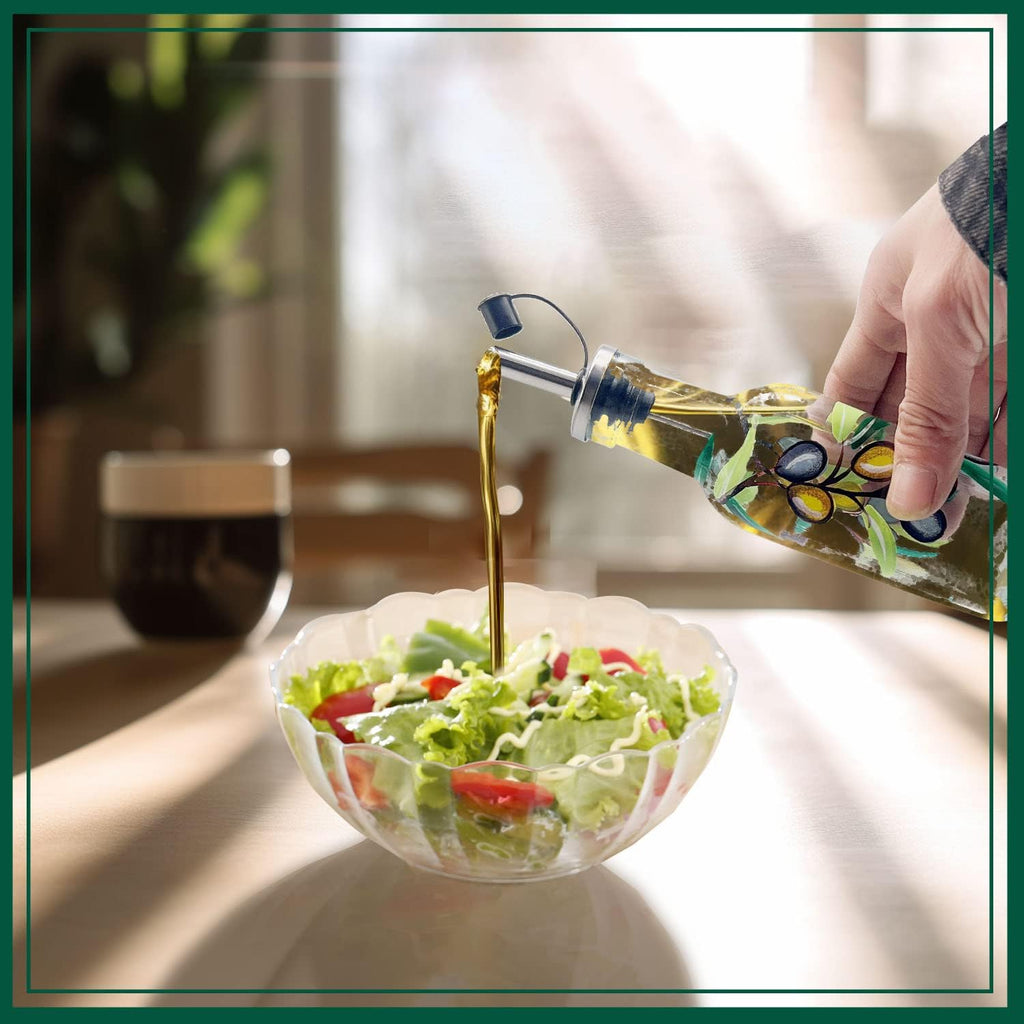 7oz Hand Painted Glass Olive Oil Bottle Dispenser - 200ml Green Oil & Vinegar Cruet with Pourers - Olive Oil Carafe - Set of 2