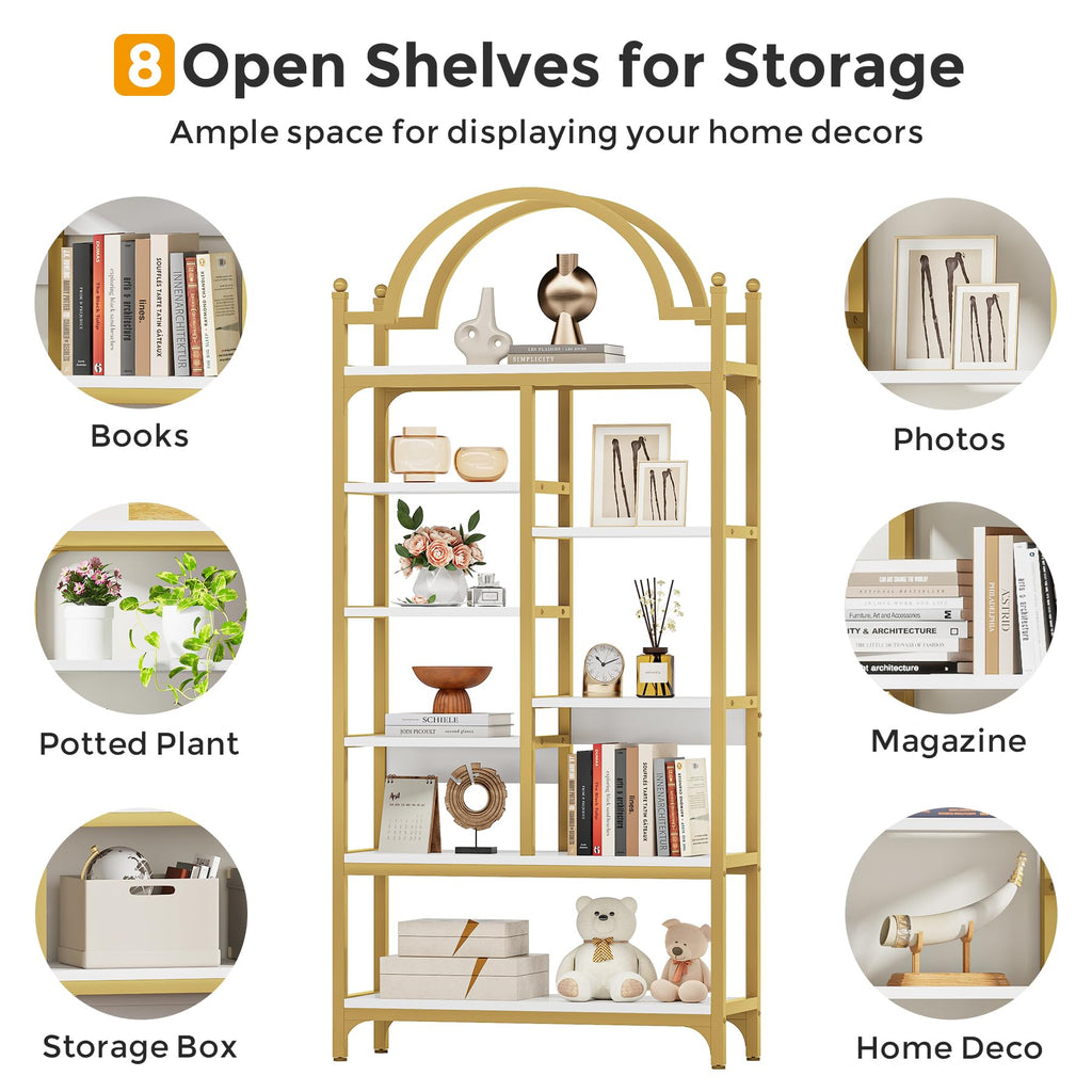 8-Tier Gold Arched Bookshelf, White, Set of 2
