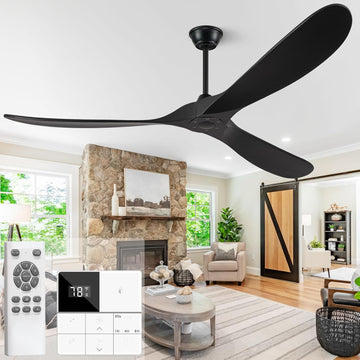 88" Wood Ceiling Fan without Lights, Indoor/Outdoor with Remote - 3 Solid Wood Blades, 6-Speed DC Motor